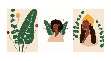 Soyut kadın ve bitkilerin olduğu modern baskı koleksiyonu.