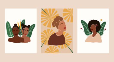 Soyut kadın ve bitkilerin olduğu modern baskı koleksiyonu.