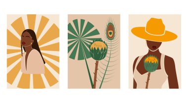 Soyut kadın ve bitkilerin olduğu modern baskı koleksiyonu.