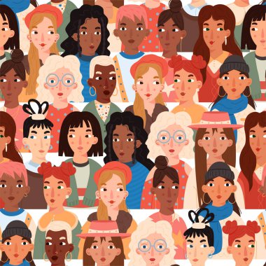 Sevimli kızlarda modaya uygun, kusursuz bir model. Soyut parlak duvar kağıdı. Değişik çizgi film karakterleri. Modern vektör illüstrasyonu