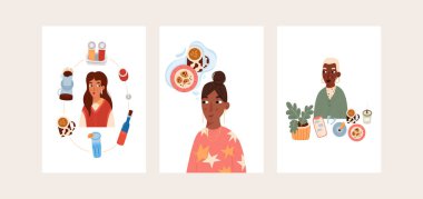 İçinde kızlar ve nesneler olan bir sürü güzel poster. Herhangi bir amaç için oldukça modern baskılar. Vektör illüstrasyonu arkaplanda izole edildi