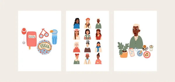 Set di poster carino con ragazze e oggetti. Stampe piuttosto moderne per qualsiasi scopo di design. Illustrazione vettoriale isolata sullo sfondo — Vettoriale Stock