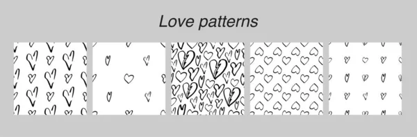 Conjunto de padrões sem costura do coração no estilo doodle. Decoração têxtil, papel de parede embrulho vetor de impressão. Fundo romântico. — Vetor de Stock