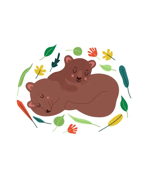 Cute dwa śpiące niedźwiedzie w modnym stylu płaskim. Ilustracja wektora odizolowana na białym tle. Plakat sceny dla dzieci z kreskówek. — Wektor stockowy