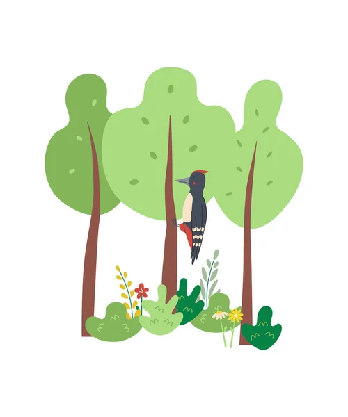 Söt hackspett i skogen i trendig platt stil. Vektor illustration isolerad på vit bakgrund. Tecknade barn scen affisch. — Stock vektor