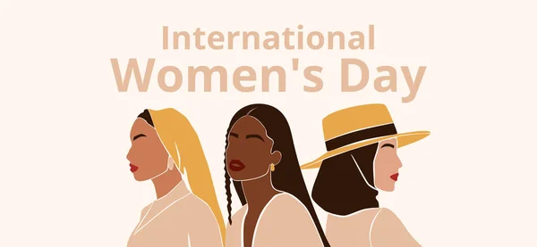 Modern tarzda soyut çeşitlilikte kadın portreleri. Uluslararası Kadınlar Günü bayrağınız kutlu olsun. Eşitlik, çeşitlilik ve kardeşlik kavramı. Feminizm ve kız gücü. Vektör illüstrasyonu — Stok Vektör