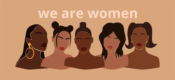 Modern tarzda soyut çeşitlilikte kadın portreleri. Uluslararası Kadınlar Günü bayrağınız kutlu olsun. Eşitlik, çeşitlilik ve kardeşlik kavramı. Feminizm ve kız gücü. Vektör illüstrasyonu — Stok Vektör