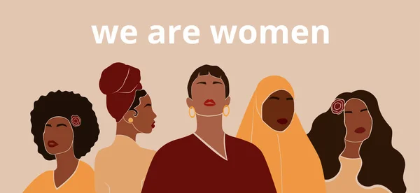 Modern tarzda soyut çeşitlilikte kadın portreleri. Uluslararası Kadınlar Günü bayrağınız kutlu olsun. Eşitlik, çeşitlilik ve kardeşlik kavramı. Feminizm ve kız gücü. Vektör illüstrasyonu