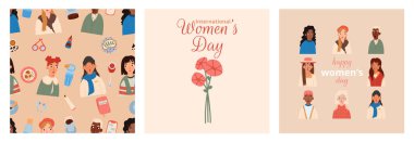 Modern düz tarzda çok çeşitli kadın portreleri. Kadınlar Günü için bir tebrik kartı seti. Eşitlik, çeşitlilik ve kardeşlik kavramı. Feminizm ve kız gücü. Vektör illüstrasyonu.