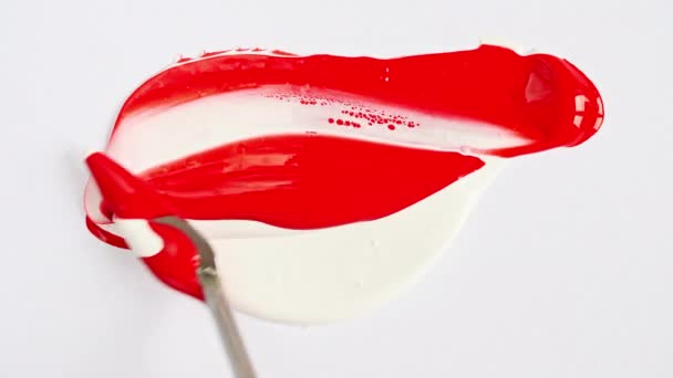 白を基調にパレットナイフと顔料で水彩画の具材を混ぜ合わせます。赤いアクリル絵具。抽象的なブラシストローク。新しい色を発明。キャンバスの質感。筆. — ストック動画