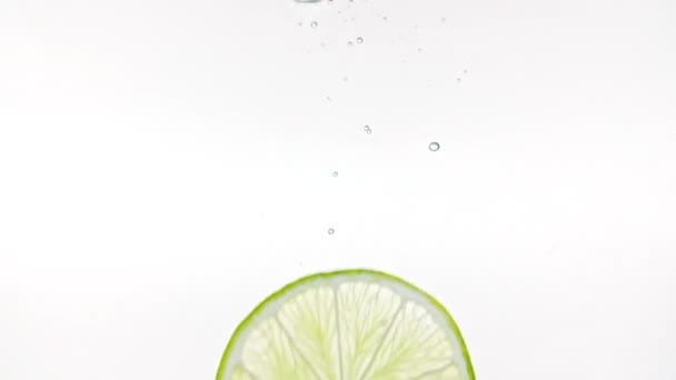 Movimiento lento de rodajas de limón cayendo en agua y burbujas de aire sobre fondo blanco. Macro tiro — Vídeo de stock