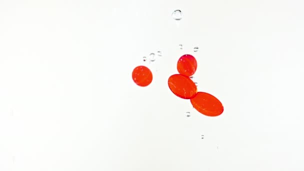 Kapszula tabletták, Omega 3 piros olaj kapszula. Macro lövés tabletták esik le a víz és a levegő buborékok fehér háttér. Az orvosi koncepció, az egészségügy, a kezelés. Lassú mozgás.. — Stock videók