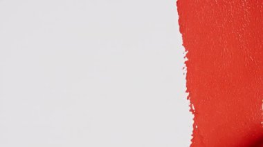 Beyaz arka planda kırmızı akrilik boya. Kırmızı suluboya fırça darbeleri. Çadır bezi. Boya fırçası. Akrilik lekeleme ayarlandı.