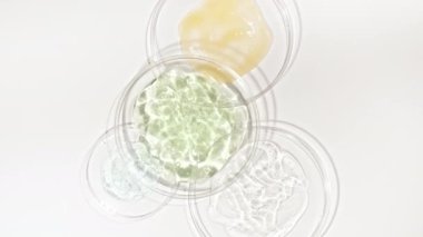 Beyaz arka planda kozmetik numuneleriyle Petri kaplarının rotasyonu. Şeffaf jel sıvısı, köpüklü krema. Kimyasal laboratuvar araştırması. Doğal Organik Kozmetik, İlaç.