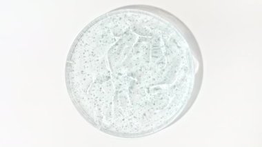 Şeffaf mavi Kozmetik Sıvı 'nın, cam bir Petri kabında kabarcıklı dönüşü. Makro Shot Serum, Krem, Hyalurinik asit. Organik kozmetik, ilaç. Cilt Bakımını Göster.
