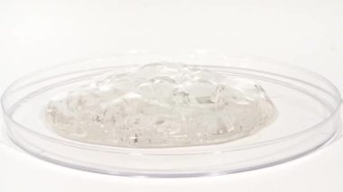 Şeffaf Kozmetik Sıvı Petri 'nin cam kasesine damlıyor. Makro Kozmetik Serumu, Hyalurinik asit. Cilt Bakımını Göster.