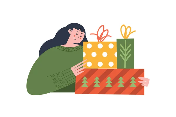Симпатичная Девушка Новогодними Подарками Праздничная Уютная Векторная Иллюстрация Плоском Стиле — стоковый вектор