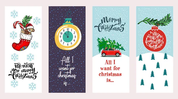 Set Simpatiche Illustrazioni Natalizie Macchina Sta Portando Albero Natale Decorazioni — Vettoriale Stock