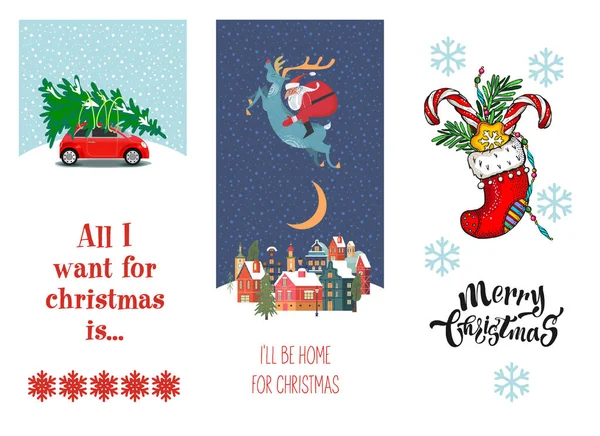 サンタは鹿に乗っている 車はクリスマスツリーを運んでいる クリスマスの装飾と贈り物 — ストックベクタ