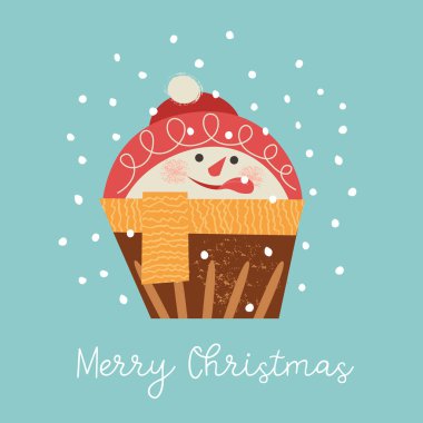 Kardan adam şeklinde şirin bir kek. Mutlu Noeller ve mutlu yıllar. Bir Noel tebrik kartı şablonu, afiş.