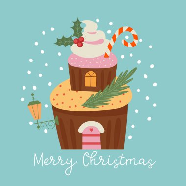 Şirin bir kek, hoş bir ev şeklinde. Mutlu Noeller ve mutlu yıllar. Bir Noel tebrik kartı şablonu, afiş.