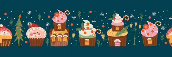 Nahtloser Rand Auf Dunklem Hintergrund Lustige Muffins Form Des Weihnachtsmannes — Stockvektor