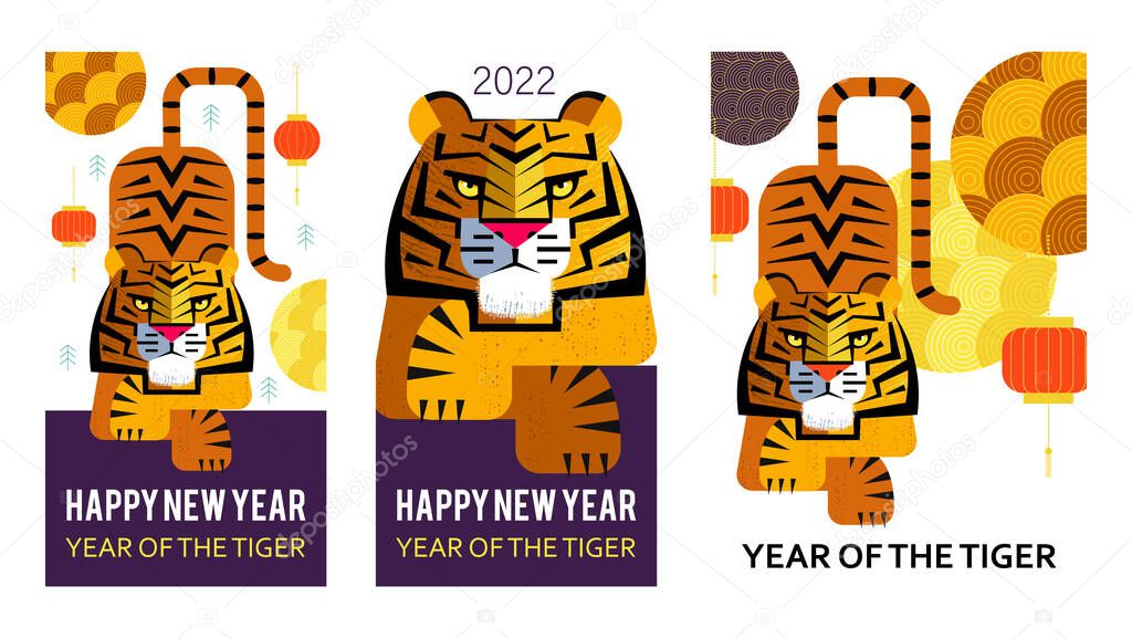 Happy Chinese New Year. The Year of the Tiger. The tiger is the symbol of the year. Vector illustration, banner template. Beautiful powerful tiger, Chinese lanterns and traditional patterns.