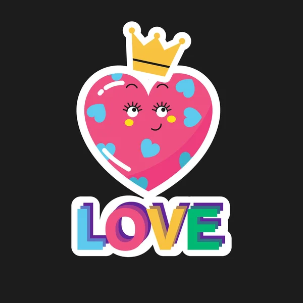 Мультфильм Розовое Сердце Короной Сердце Смайлик Милым Лицом — стоковый вектор