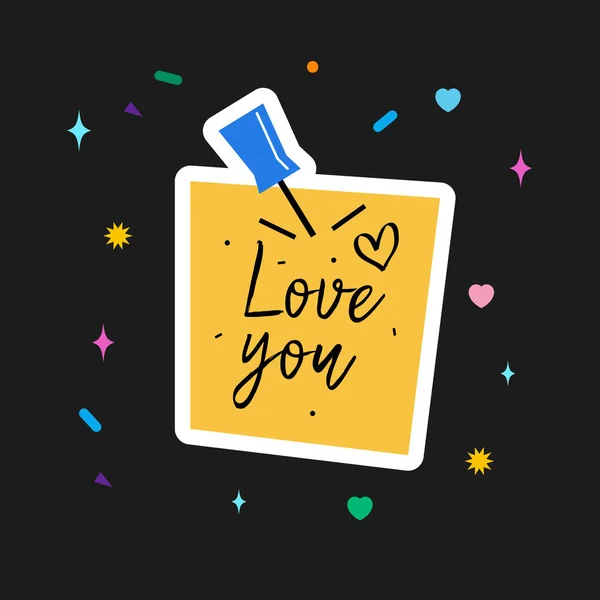 Yellow Paper Sticker Inscription Love You Pinned Wall Cartoon Sticker — Stock Vector