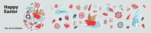 Set Festive Stickers Easter Angel Rabbits Spring Flowers Royalty Free Stock Vectors