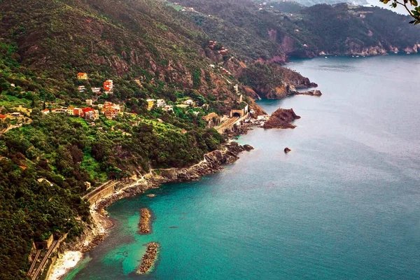 Framura Deniz Koyunun Liguria Talya Daki Yürüyüş Parkurundan Havadan Panoramik — Stok fotoğraf
