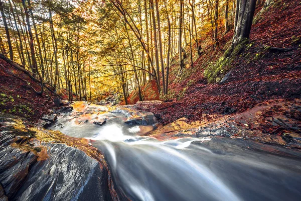 秋天在意大利雷吉欧埃米莉亚蒙特库纳拉瓦基略瀑布森林中瀑布流的长景曝光景观 — 图库照片