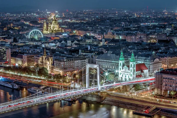 Воздушная Ночная Панорама Будапешта Саинт Истван Кафтан Венгрия — стоковое фото