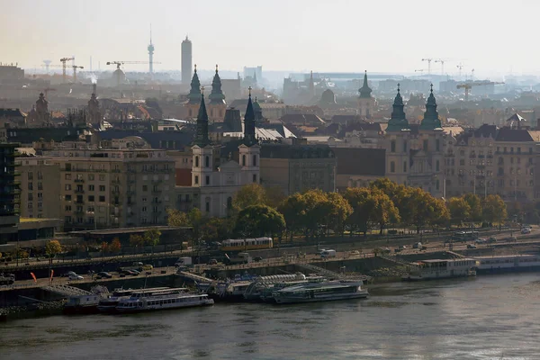 Niebla Matutina Río Danubio Campanarios Budapest Hungría — Foto de Stock