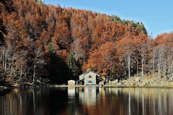 Berghütte See Reflexionen Herbst Wald Laub — Stockfoto