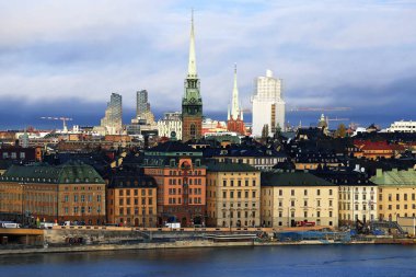 Stockholm 'ün eski liman manzarası günbatımında, Stockholm, İsveç