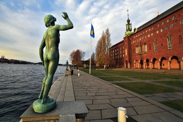 Stockholm Stadshus Hôtel Ville Statue Lever Soleil Stockholm Suède — Photo