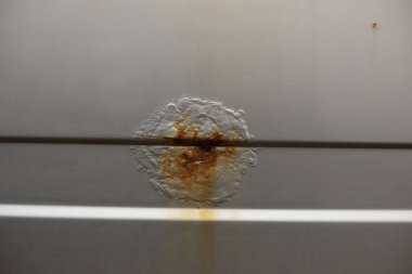 Arabada pas var. Hasarlı boyayla kaplı bir yüzey. Metal üzerinde aşınma. Bozuk çelikten bir yer.