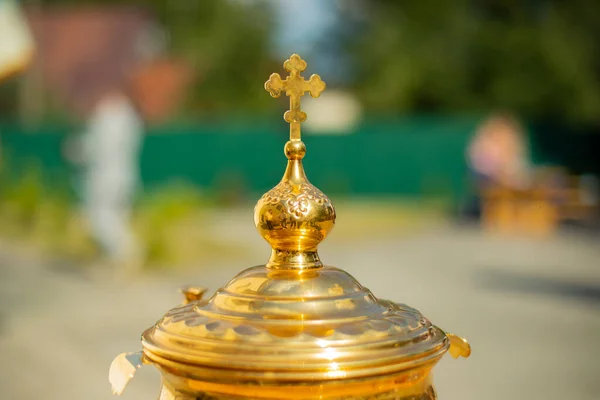 Orthodox Kruis Een Gouden Voorwerp Goldware Voor Religieuze Riten Details — Stockfoto