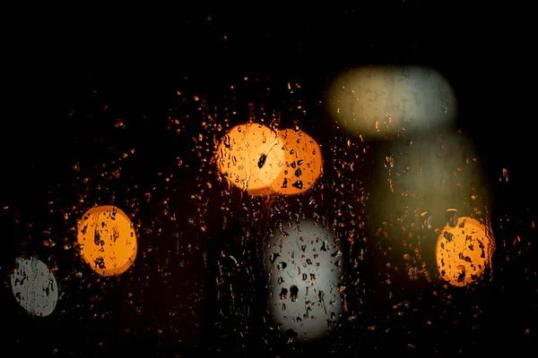 Raindrops Glass Blurry Background Lights Texture Glass Dark Background Blurred — Stock Photo, Image