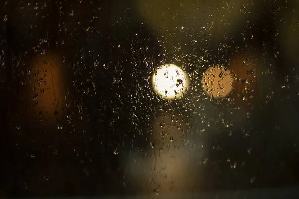 Raindrops Glass Blurry Background Lights Texture Glass Dark Background Blurred — Stock Photo, Image