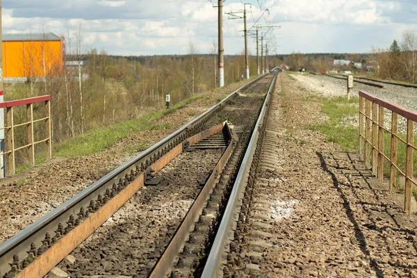 Ferrovia Uma Pista Linha Converge Distância Estrada Para Movimento Trem — Fotografia de Stock