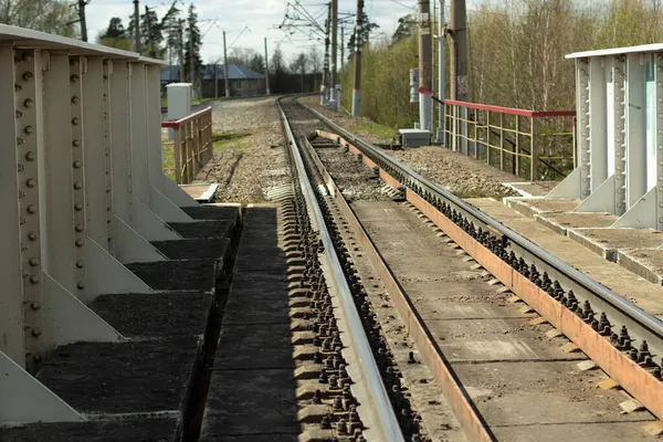 Ferrocarril Carril Línea Converge Distancia Camino Para Movimiento Del Tren — Foto de Stock