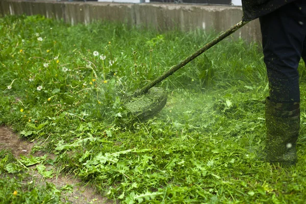 Κουρεύει Γρασίδι Μια Φορητή Χορτοκοπτική Μηχανή Κηπουρός Κόβει Γκαζόν Εργαλείο — Φωτογραφία Αρχείου