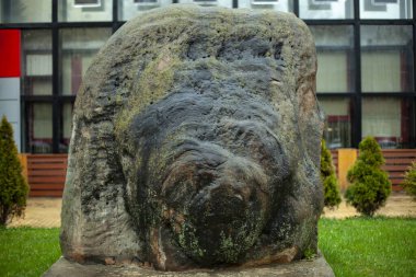 Şehirde taş var. Sokağa ıslak dev bir kaya parçası yerleştirildi. Şehir parkının peyzaj tasarımı.