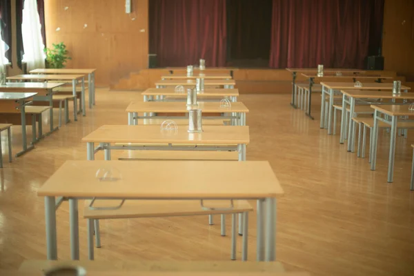 Rusya Okul Kantini Masalar Koridorda Sıra Bekliyor Halka Açık Yemek Stok Fotoğraf