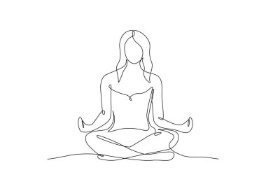 Lotus 'ta oturan bir kadın yoga pozu veriyor. Sürekli meditasyon yapan kız çizimleri, egzersiz ikonu, rahatlama konsepti. Vektör sanatı