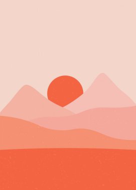 Soyut dağ manzarası. Minimalist poster tasarımı, çağdaş el çizimi sanatsal manzara baskısı. Vektör illüstrasyonu