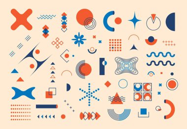 Memphis geometrik şekilleri. Soyut grafik elementler kümesi. Modayı takip eden hippiler 90 'ların tarzında. Modern vektör illüstrasyonu