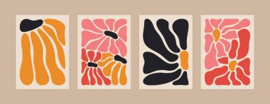 Soyut çiçek posterleri. Modaya uygun bir el, çiçekleri çocuksu bir şekilde çizmiş. Dekoratif çağdaş botanik elementler. Vektör saf sanat baskısı